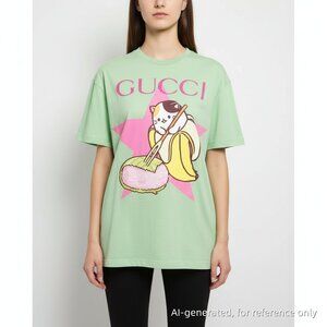 Gucci Pastel Green Banana (aka Bananya) Cat Graphic T-Shirt